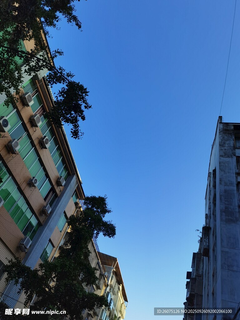 城市楼宇间的晴朗天空