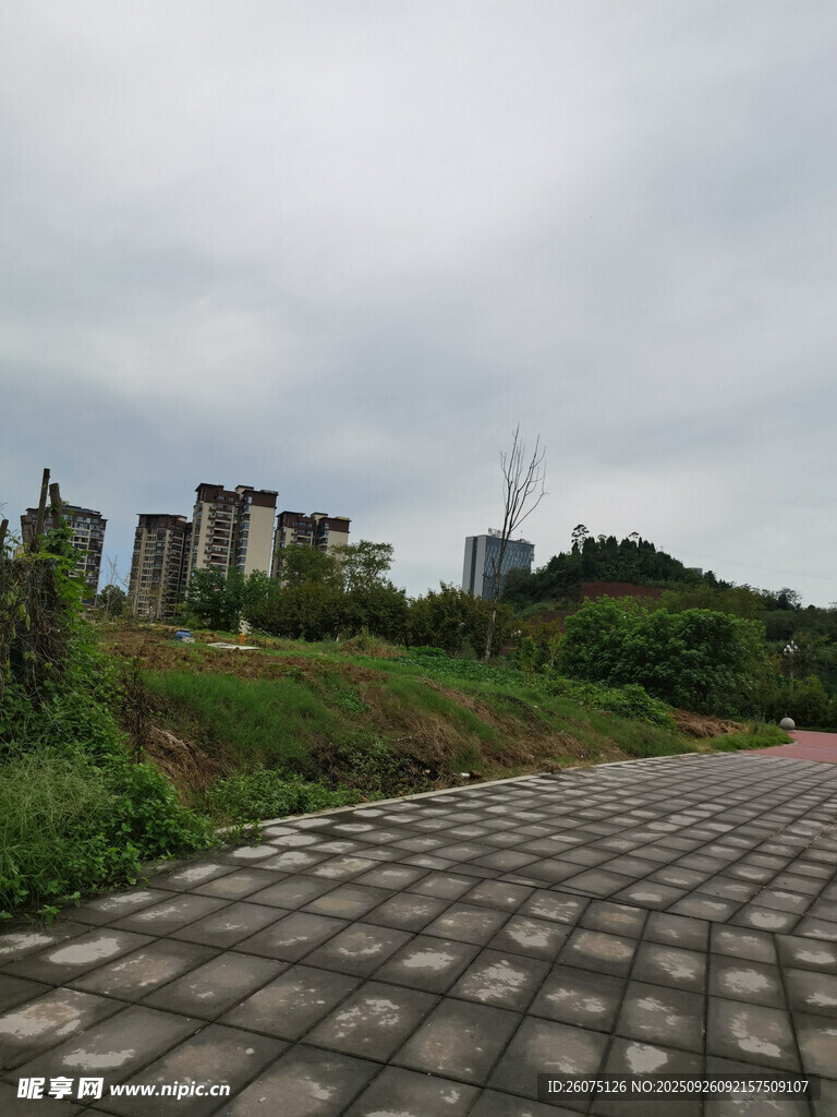 城郊石板路与远处建筑群