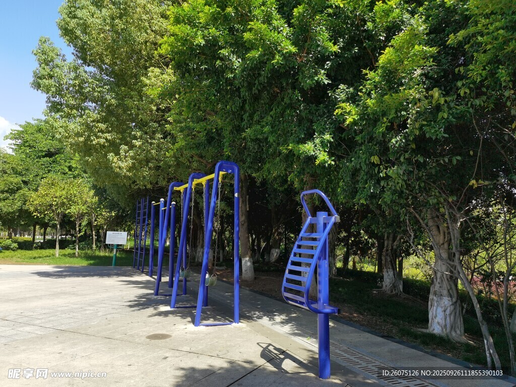户外蓝色健身器材场景