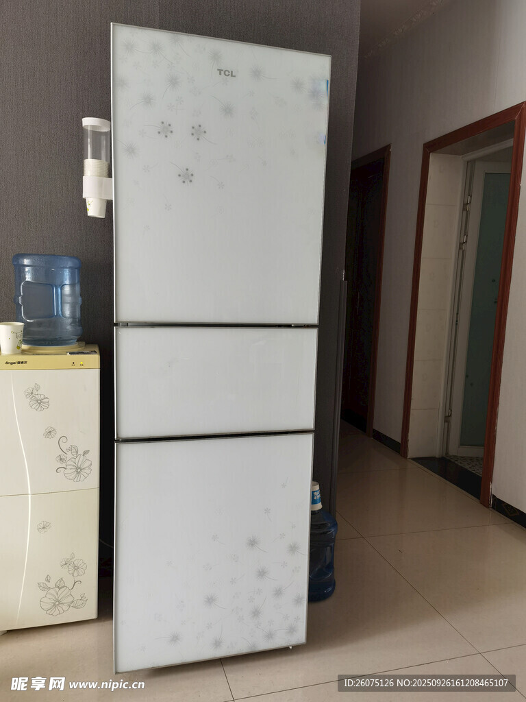 家用三门白色花纹冰箱