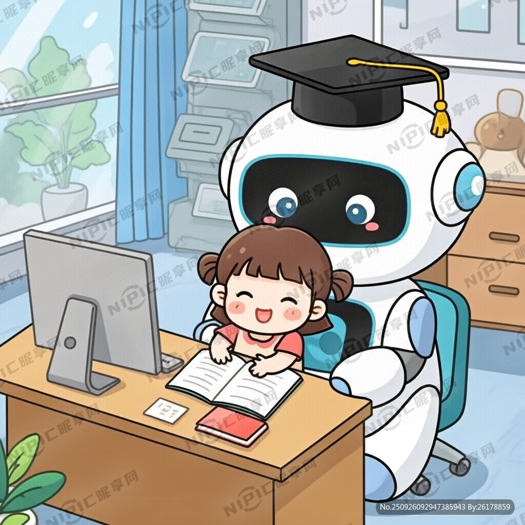 可爱的卡通的戴博士帽的AI智能