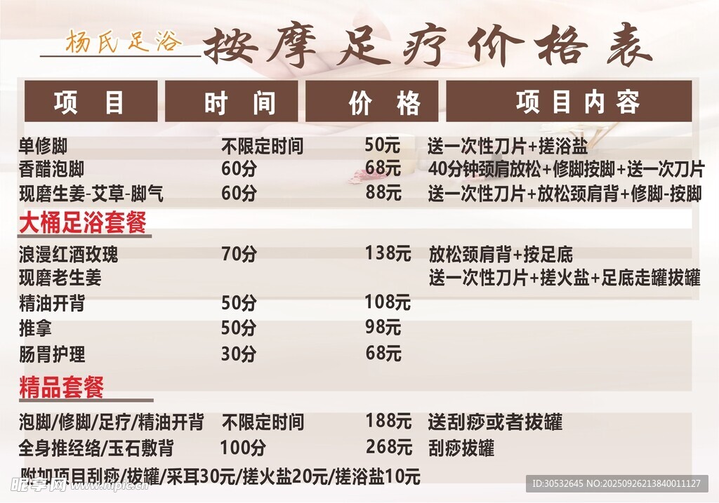 按摩足疗价格表
