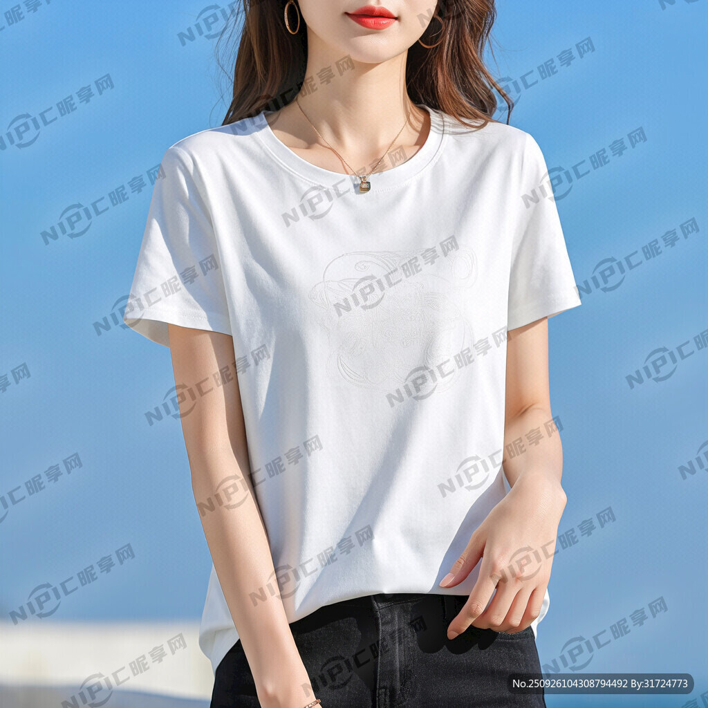 生成一个女装白色T桖展示图