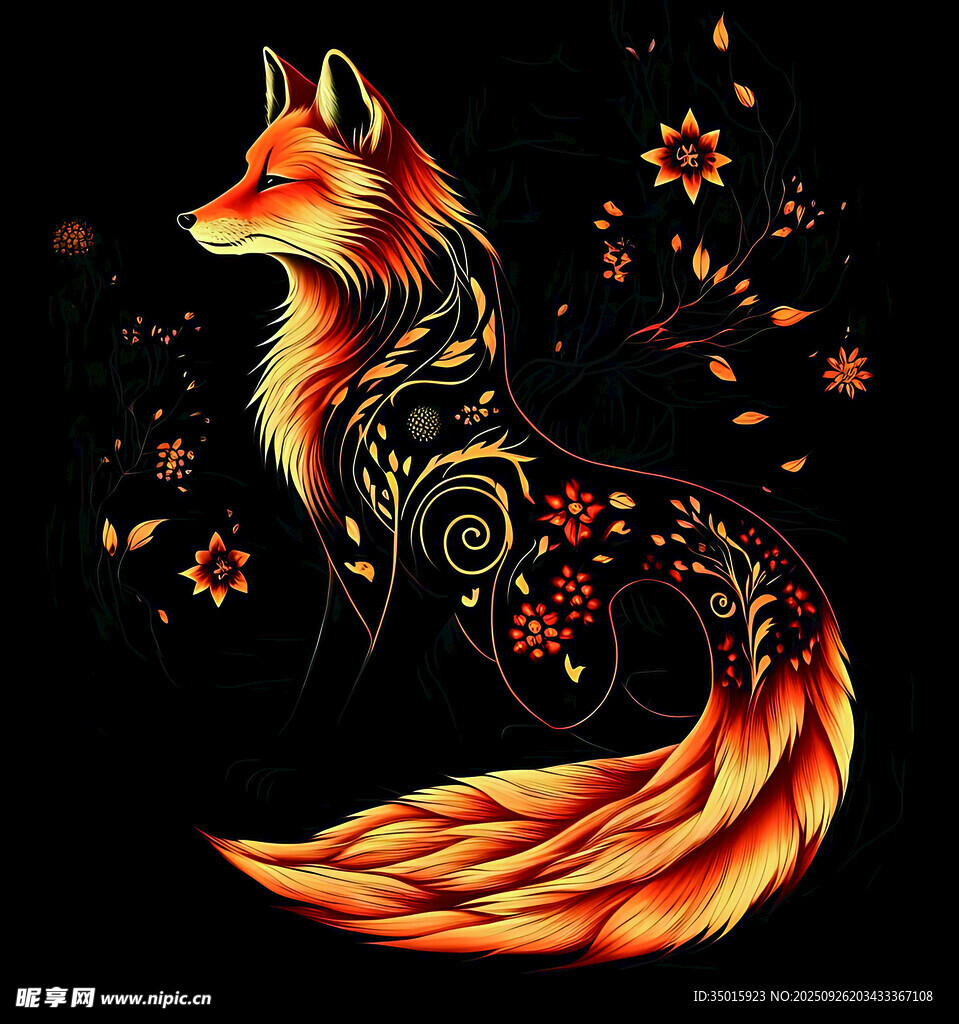 华丽花纹狐狸插画