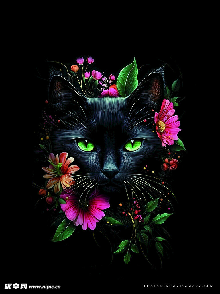 黑猫花丛间人