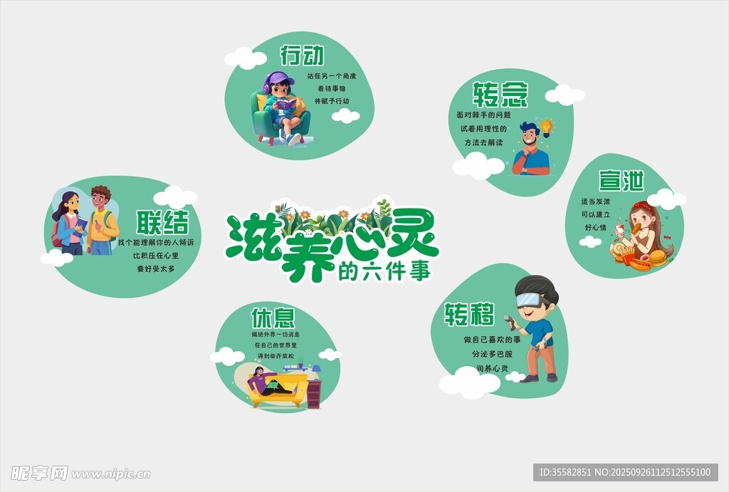 绿色卡通滋养心灵六件事
