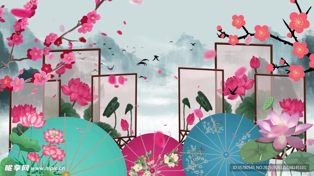 古风花卉屏风插画意境美