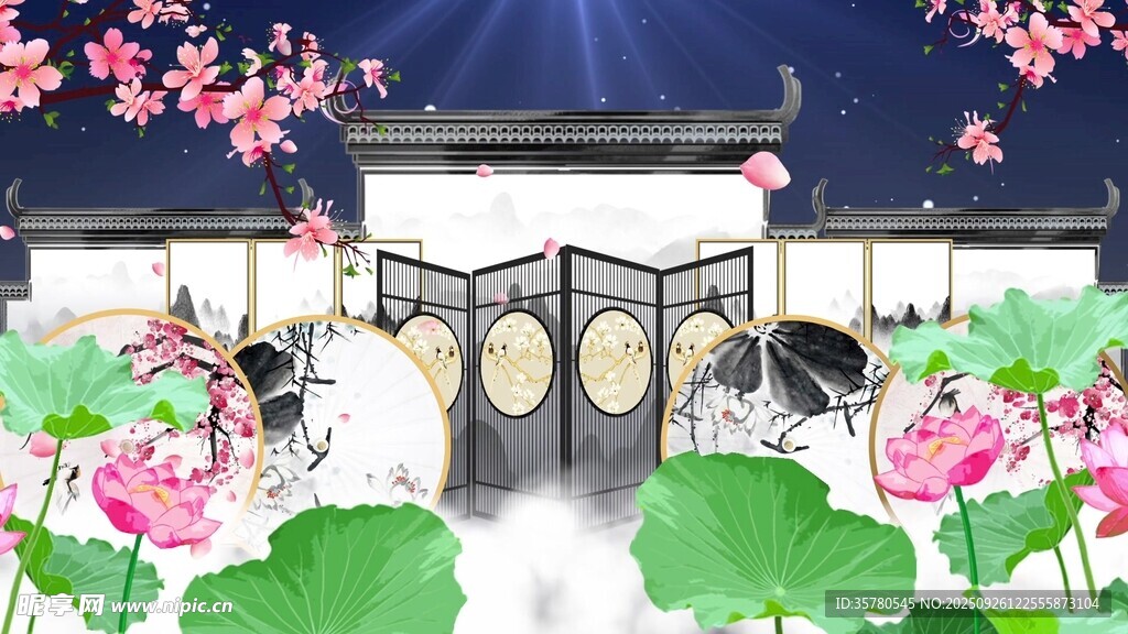 中式庭院荷花屏风美景