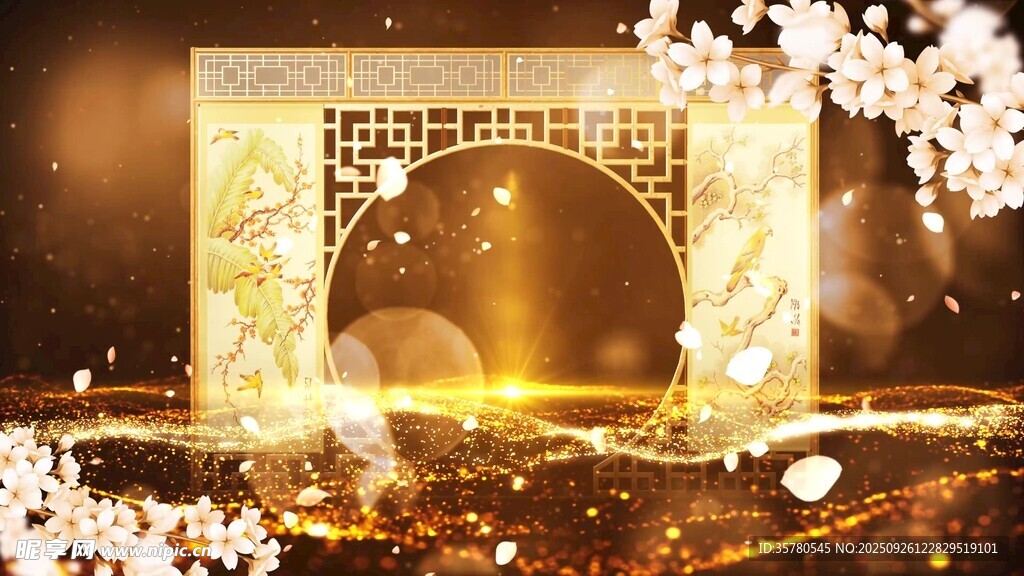 中式古典拱门花卉背景图