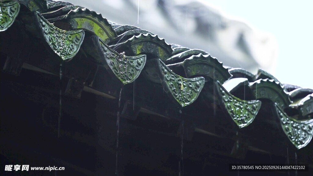中式瓦片上的晶莹雨滴