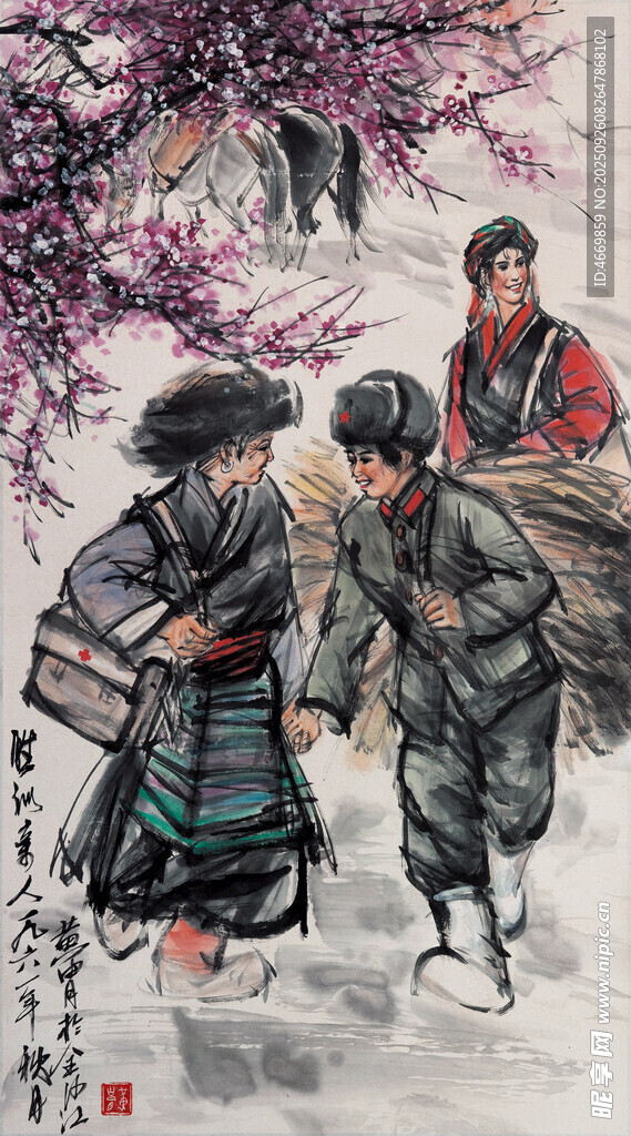 雪地中身着民族服饰的行人