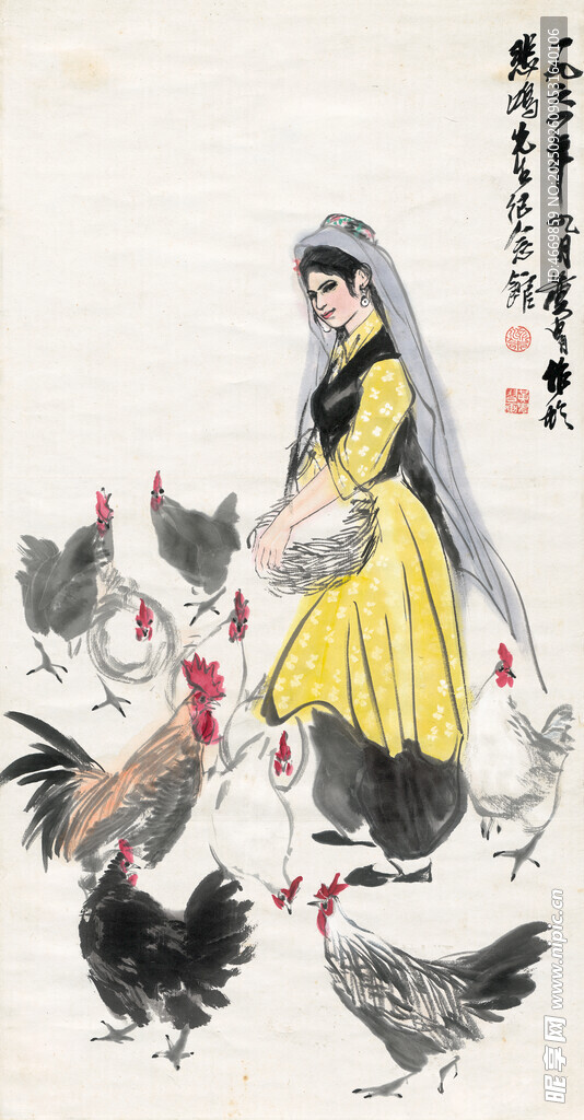 农妇喂鸡图