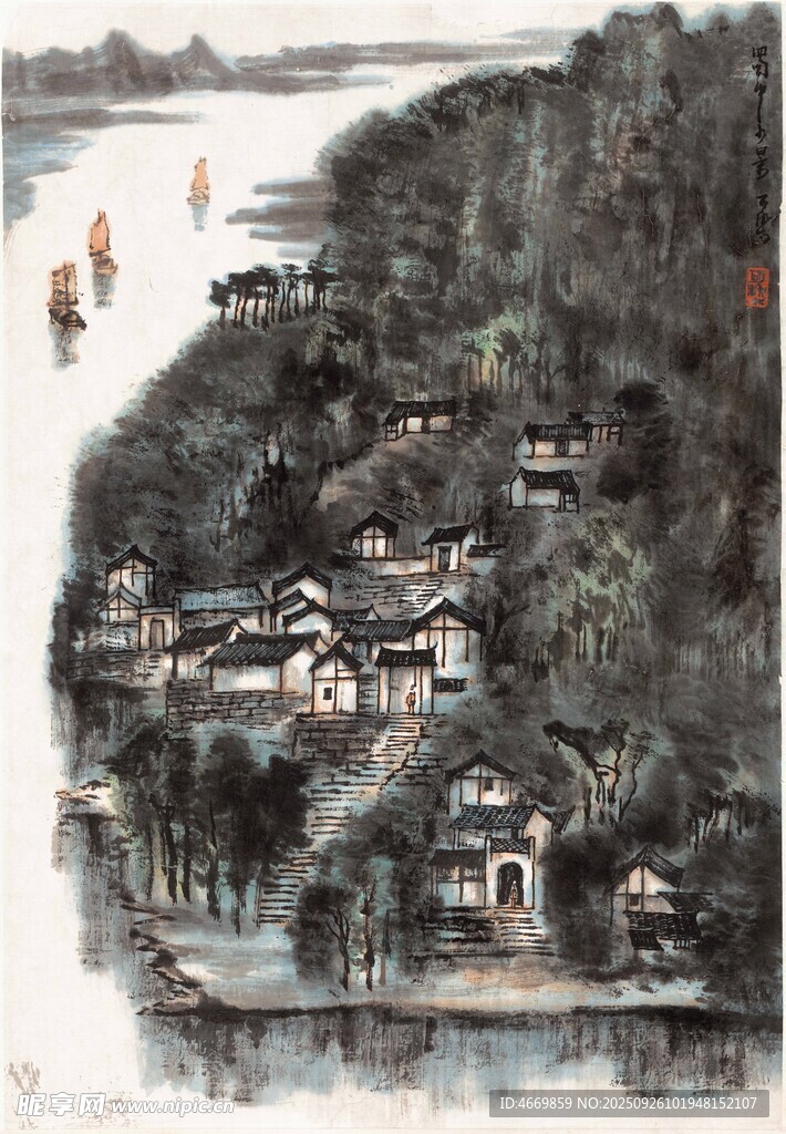 水墨江南山水村落图景