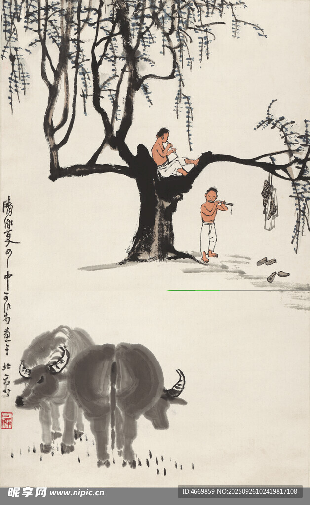 水墨田园牧归图