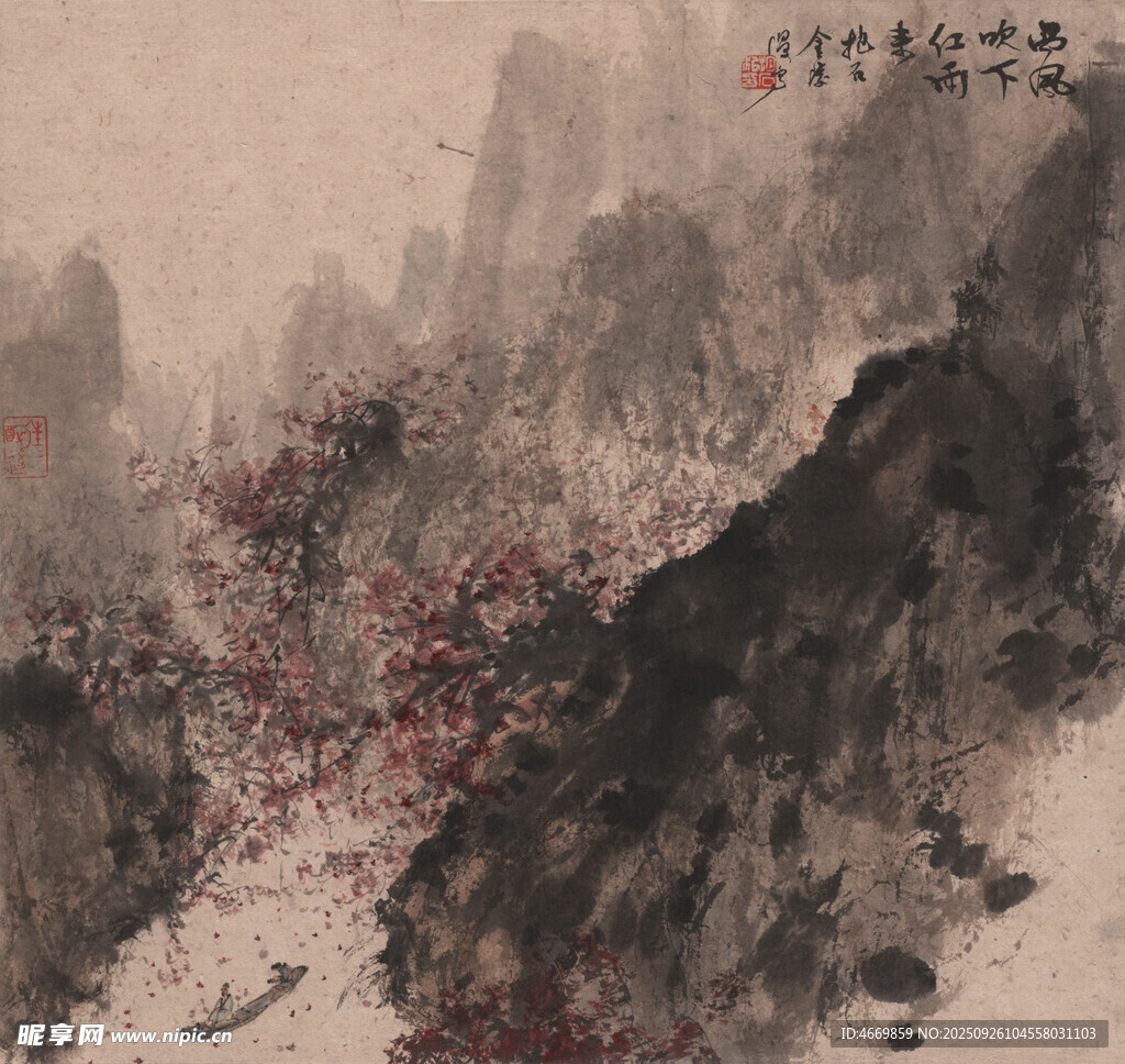 水墨山水间的烂漫花树