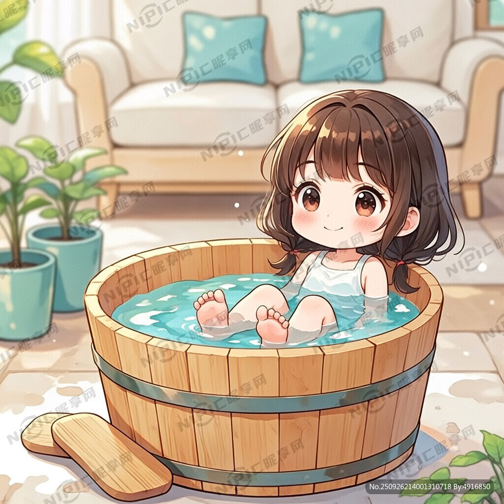 卡通小女孩用在木桶里泡脚