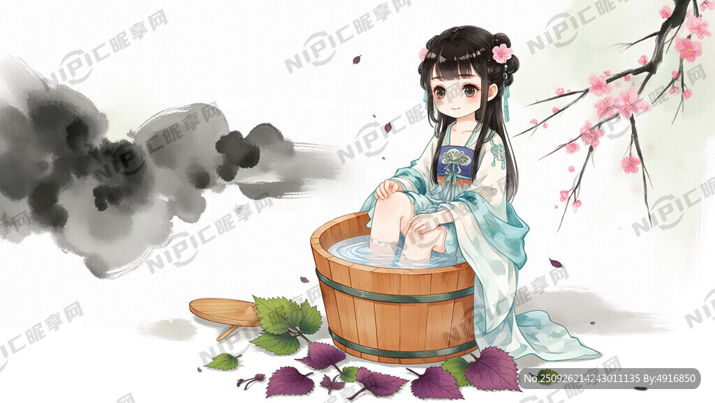 古装小女孩木桶泡脚