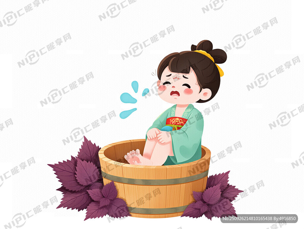足浴包插画 古装小女孩木桶泡脚