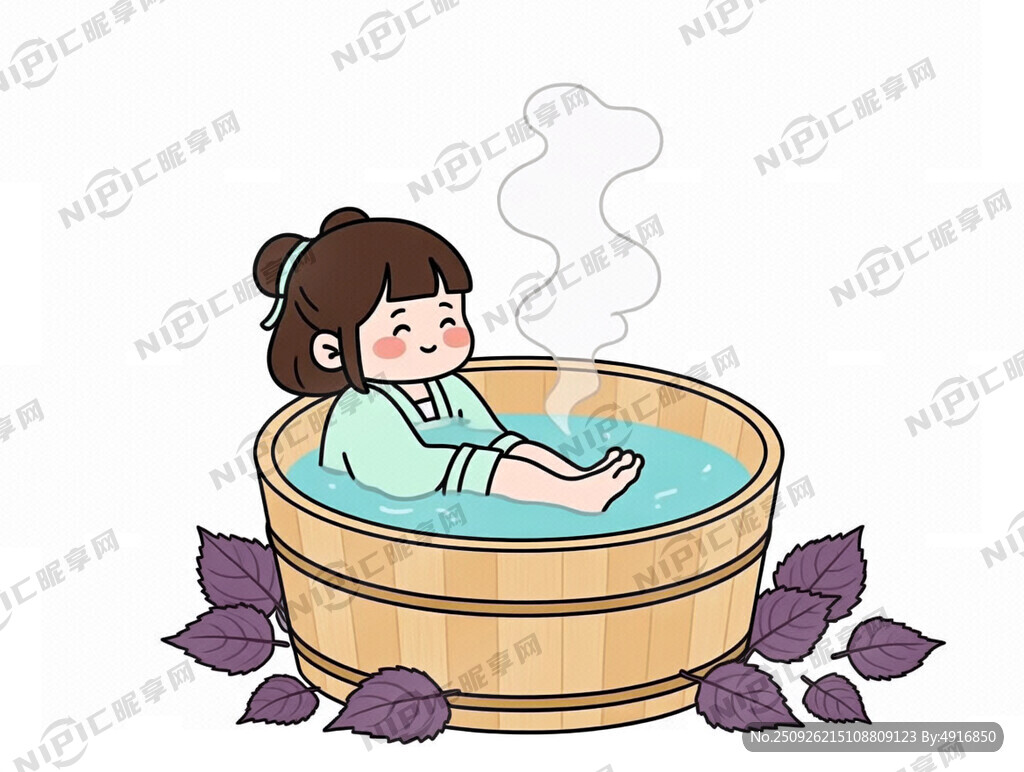 足浴包插画 汉服小女孩木盆泡脚