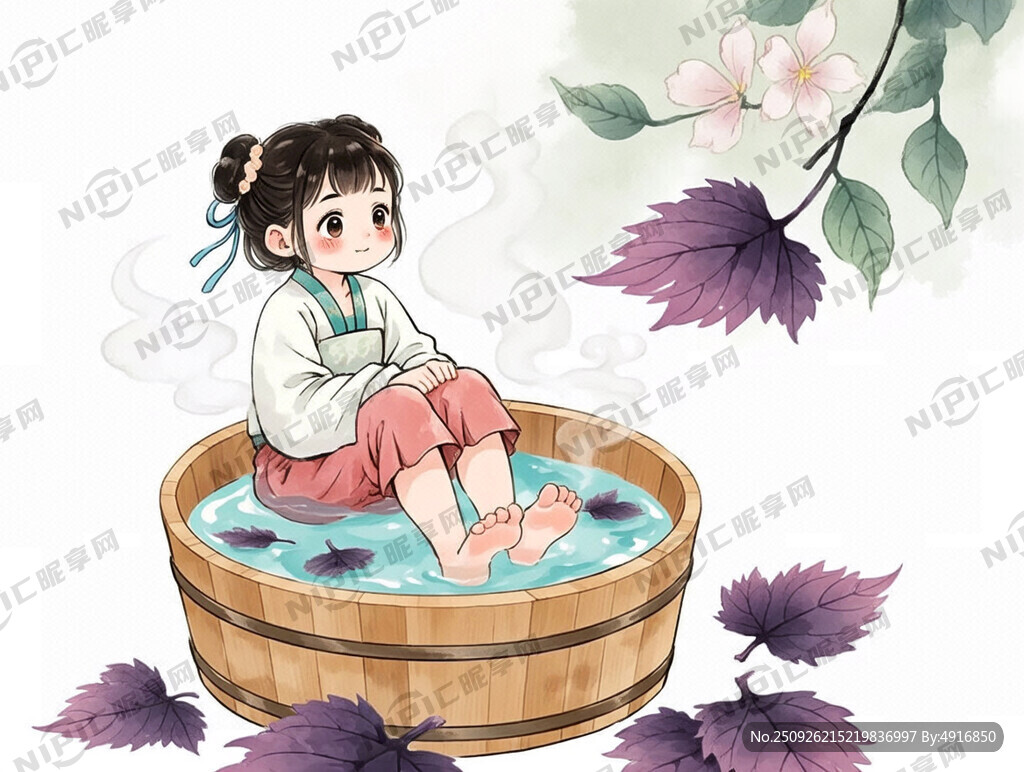 足浴包插画 汉服小女孩木盆泡脚