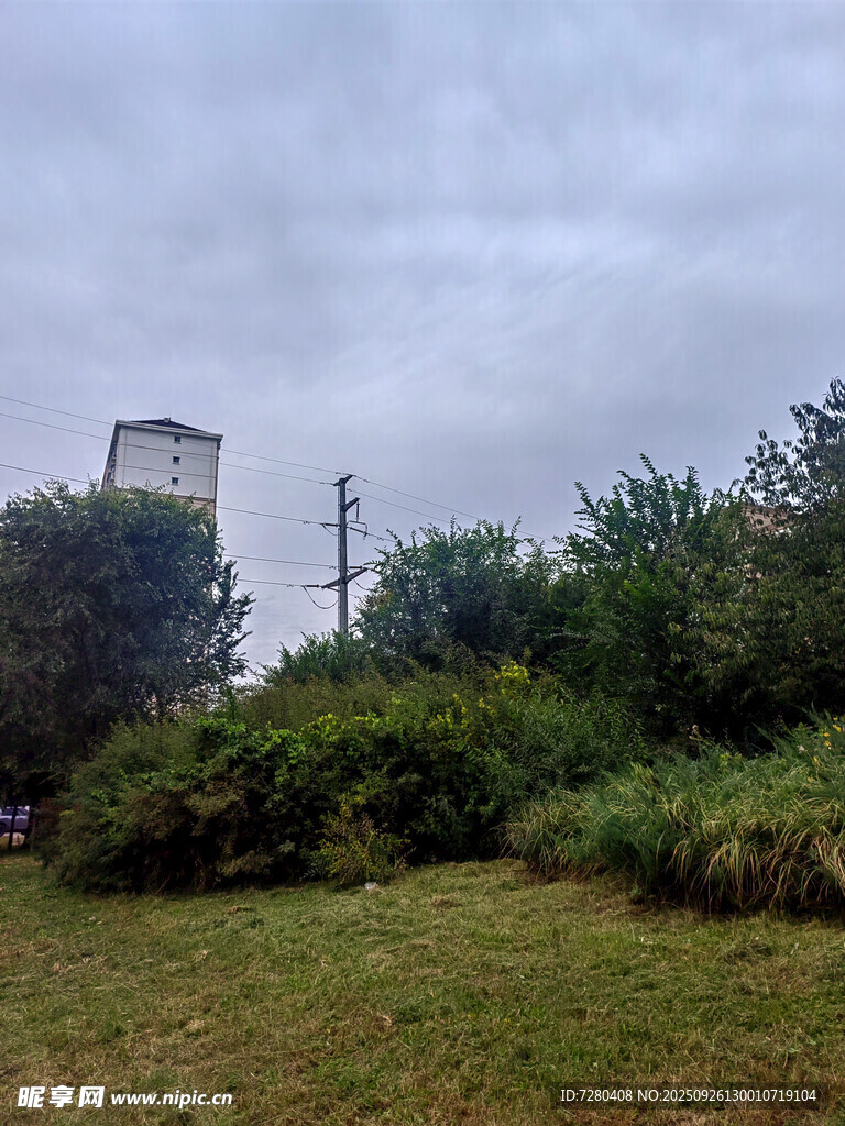 郊外草地旁的高耸水塔