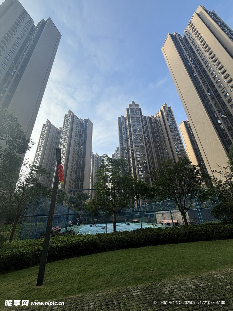 城市高楼旁的绿地景观
