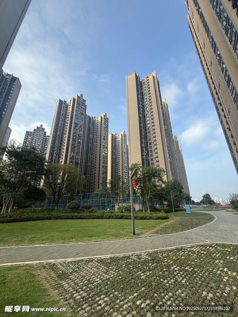 城市高楼旁的绿地景观
