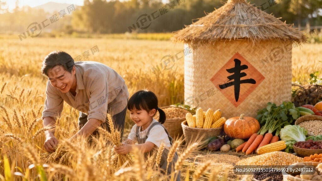 秋季丰收景象 金黄色麦浪