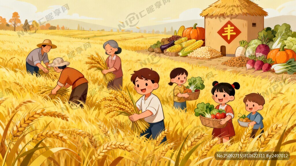 秋季丰收景象 金黄色麦浪