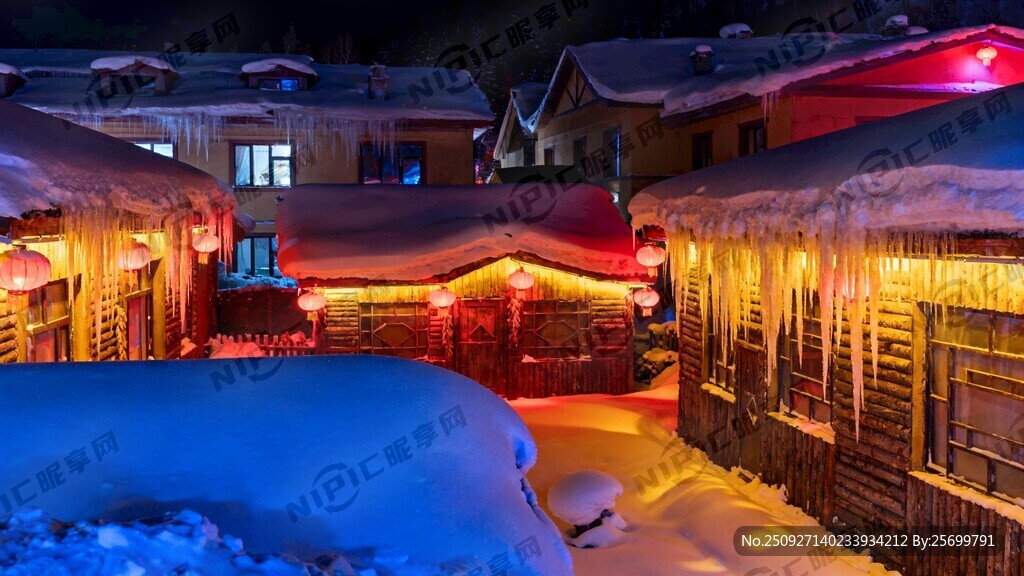 东北雪乡 夜晚 彩色灯光