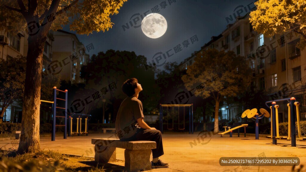 坐在小区广场看天空圆圆的月亮
