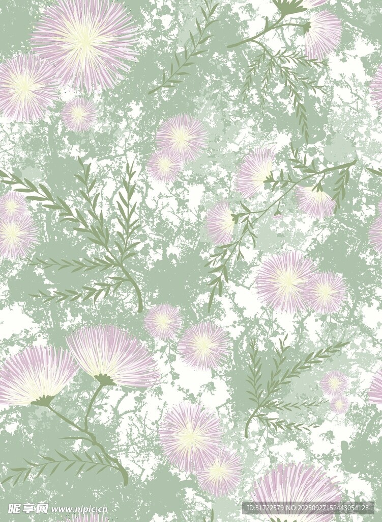淡粉白花绿色背景图案