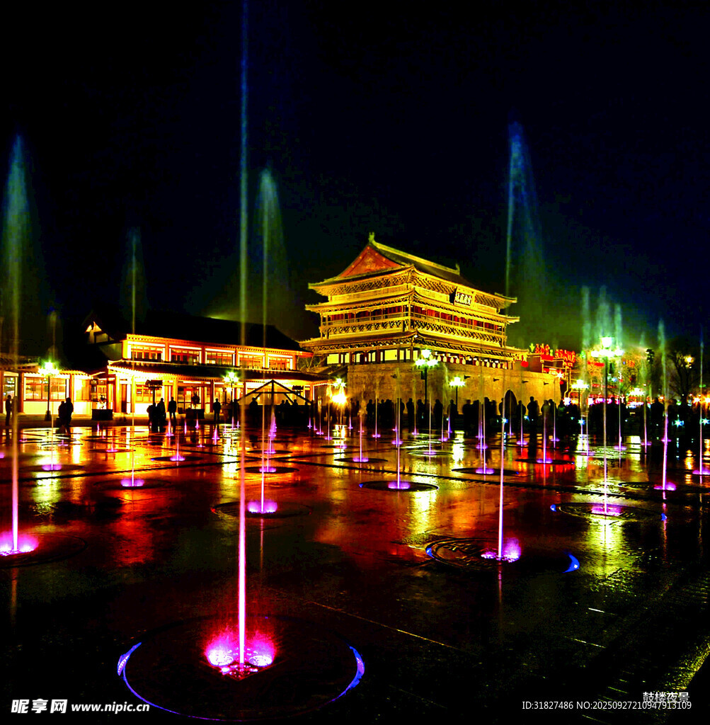 西安鼓楼夜景喷泉秀
