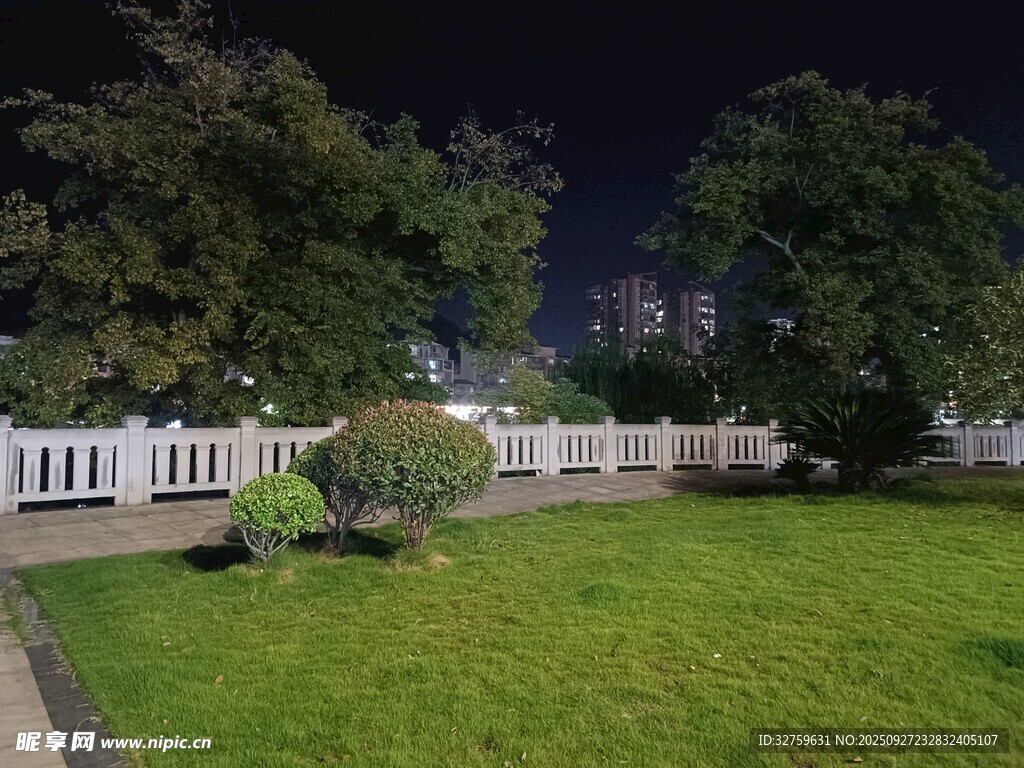 夜晚庭院草坪景致