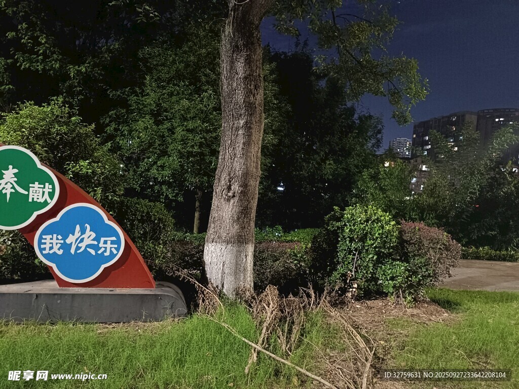 夜晚户外的多彩标识牌