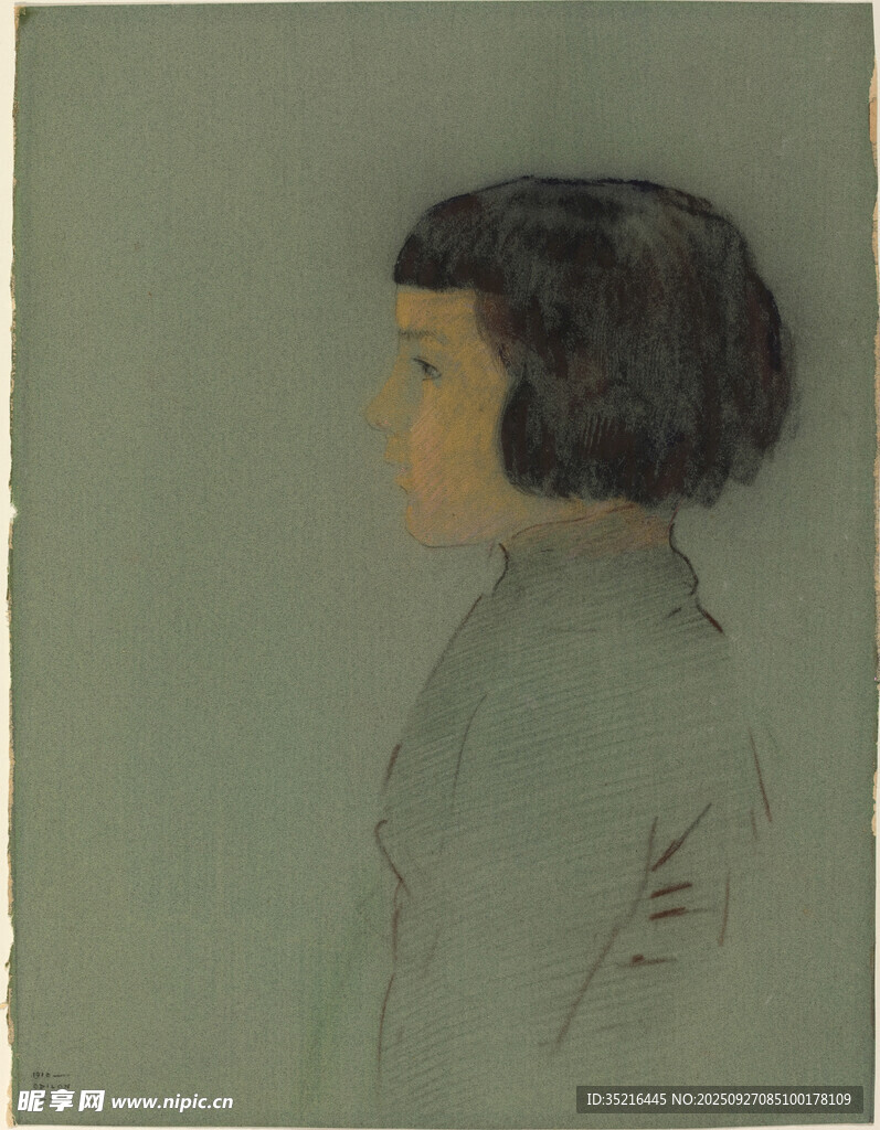 短发女子侧身肖像画