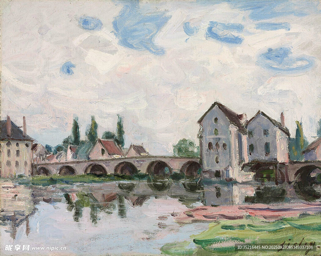河畔小镇风景油画