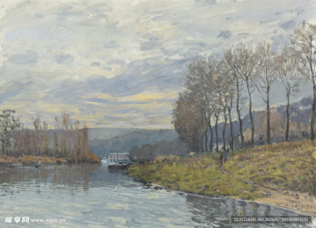 河畔风景油画
