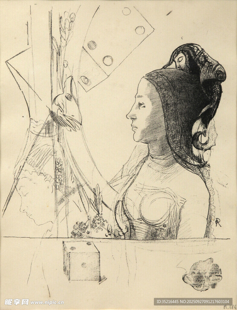 女子专注作画的素描场景