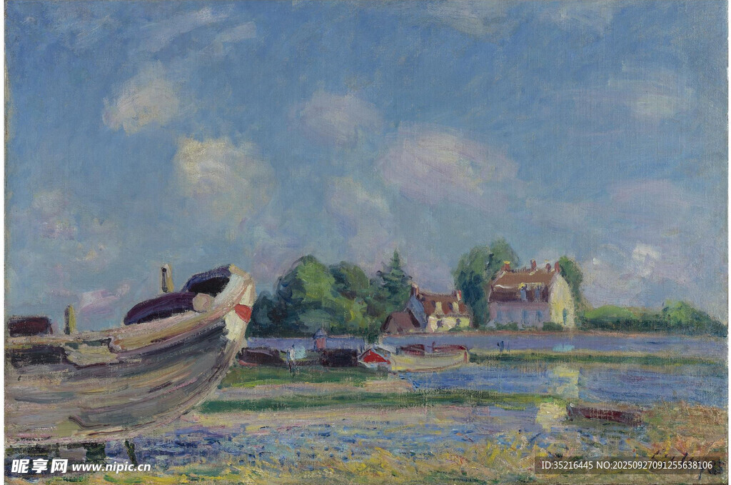 河畔乡村风景油画