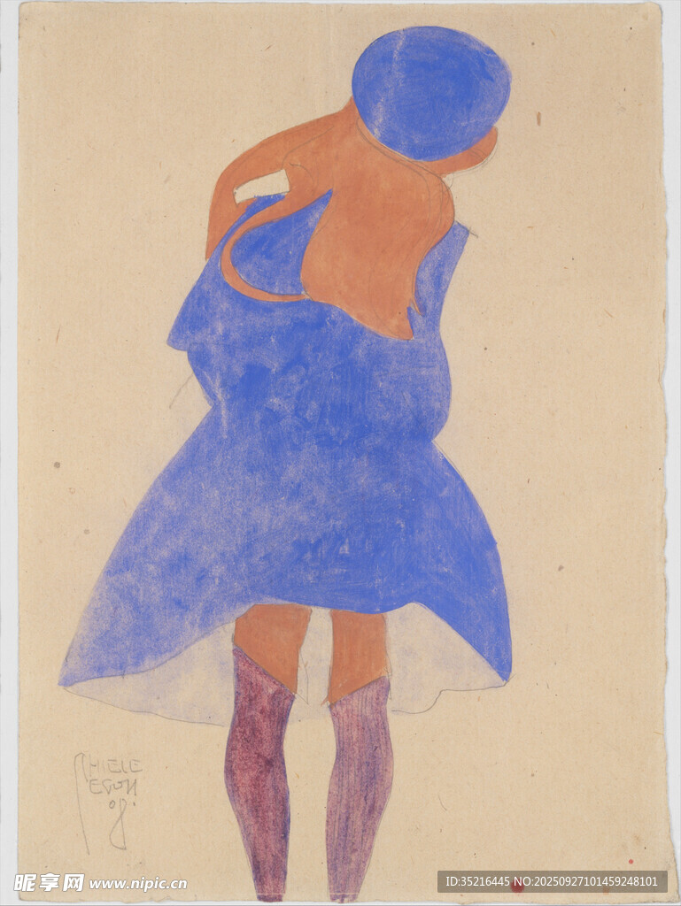 蓝色服饰女子背影画作