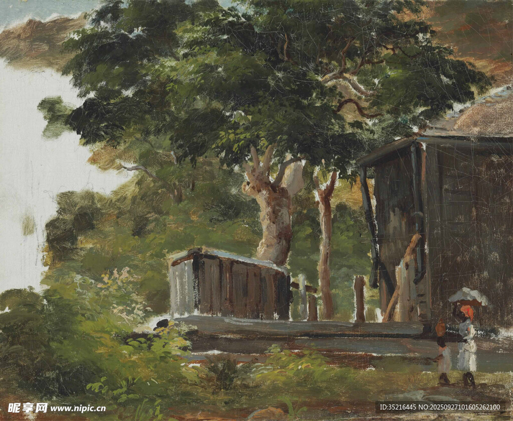 乡村河畔小屋旁的宁静景象