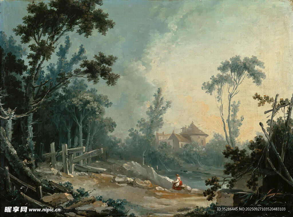 林间河畔风景油画