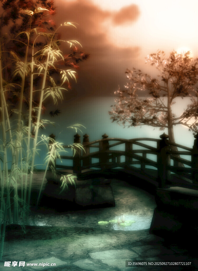 古风河畔木桥静谧之景