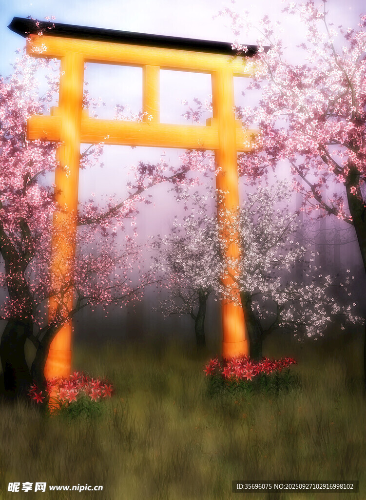 日式鸟居与烂漫樱花景