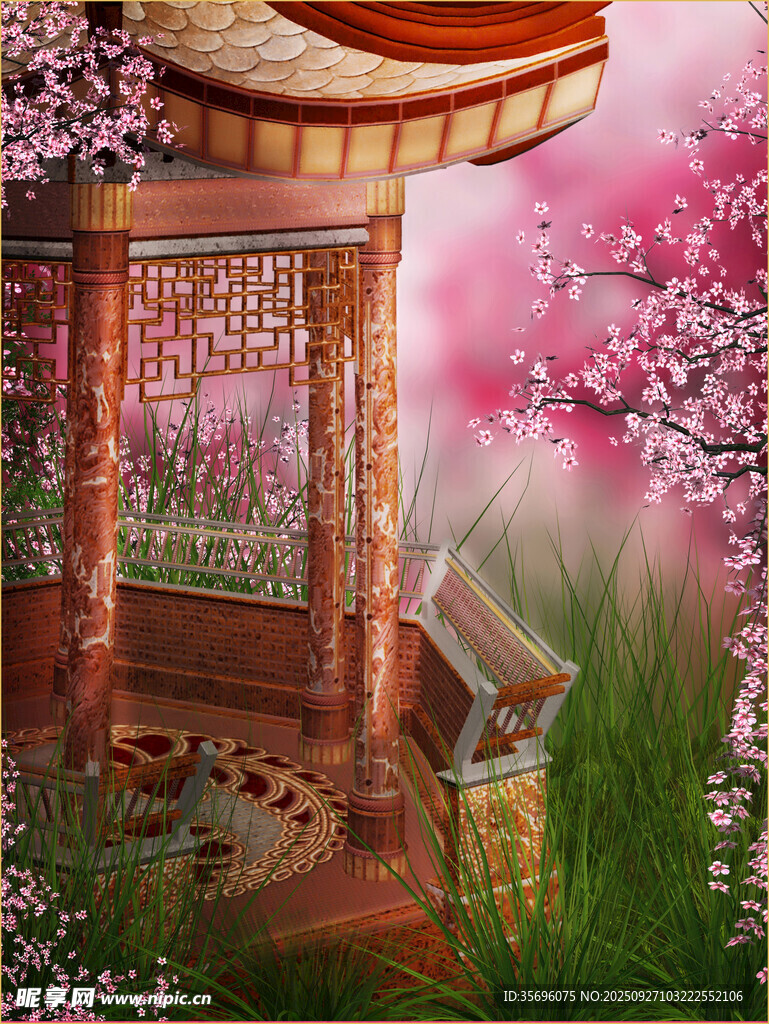 古风庭院中的烂漫樱花景