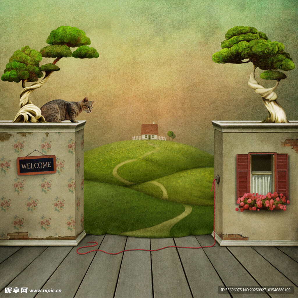 梦幻窗景旁的猫咪与盆景