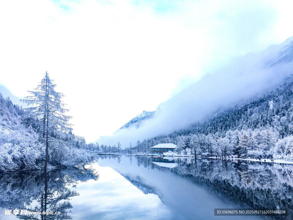 冬日雪景静谧河流风光