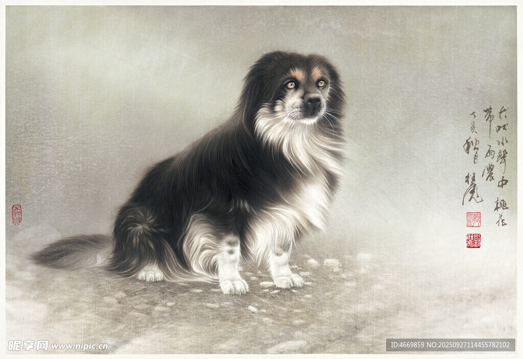 中式风格的长毛犬画像