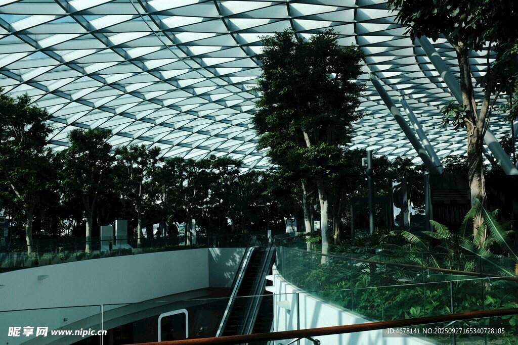 室内玻璃穹顶下的绿植景观